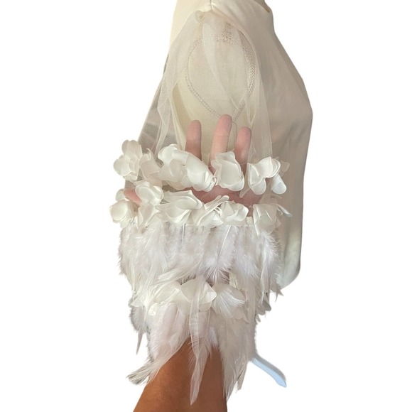 Why Dress Womens Bird Leaf Sleeve Mesh Top Blouse Crew Neck Size L White - Picture 6 of 9